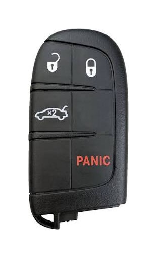 Clé Dodge 4 boutons 2019, face avant, fond blanc, coffre et panique, famille 68394196AA